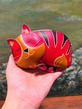 Handcrafted Red & Orange Sleeping Cat Coin Purse - Cute Pet Design